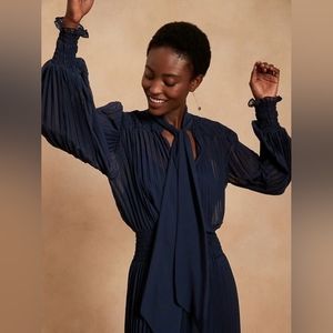 Banana Republic pleated tie neck long sleeve mini dress